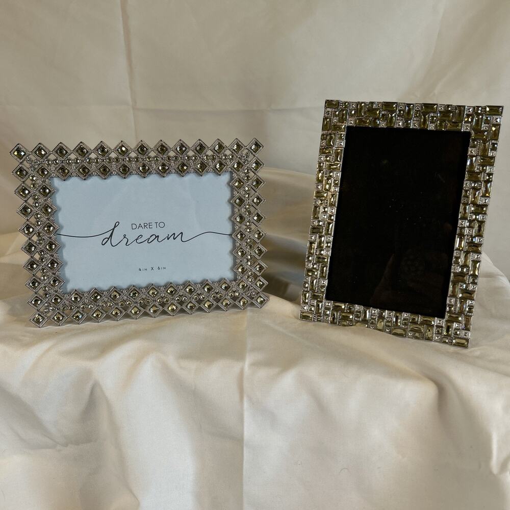 Two Ornate Gem Photo Frames Both 6” X 4” No Missing Gems Heavy Duty Metal